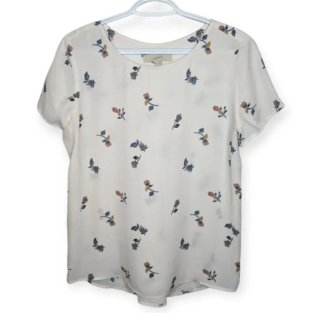 LOFT White With Floral Design Short Sleeve Swoop Neck Blouse Medium Women